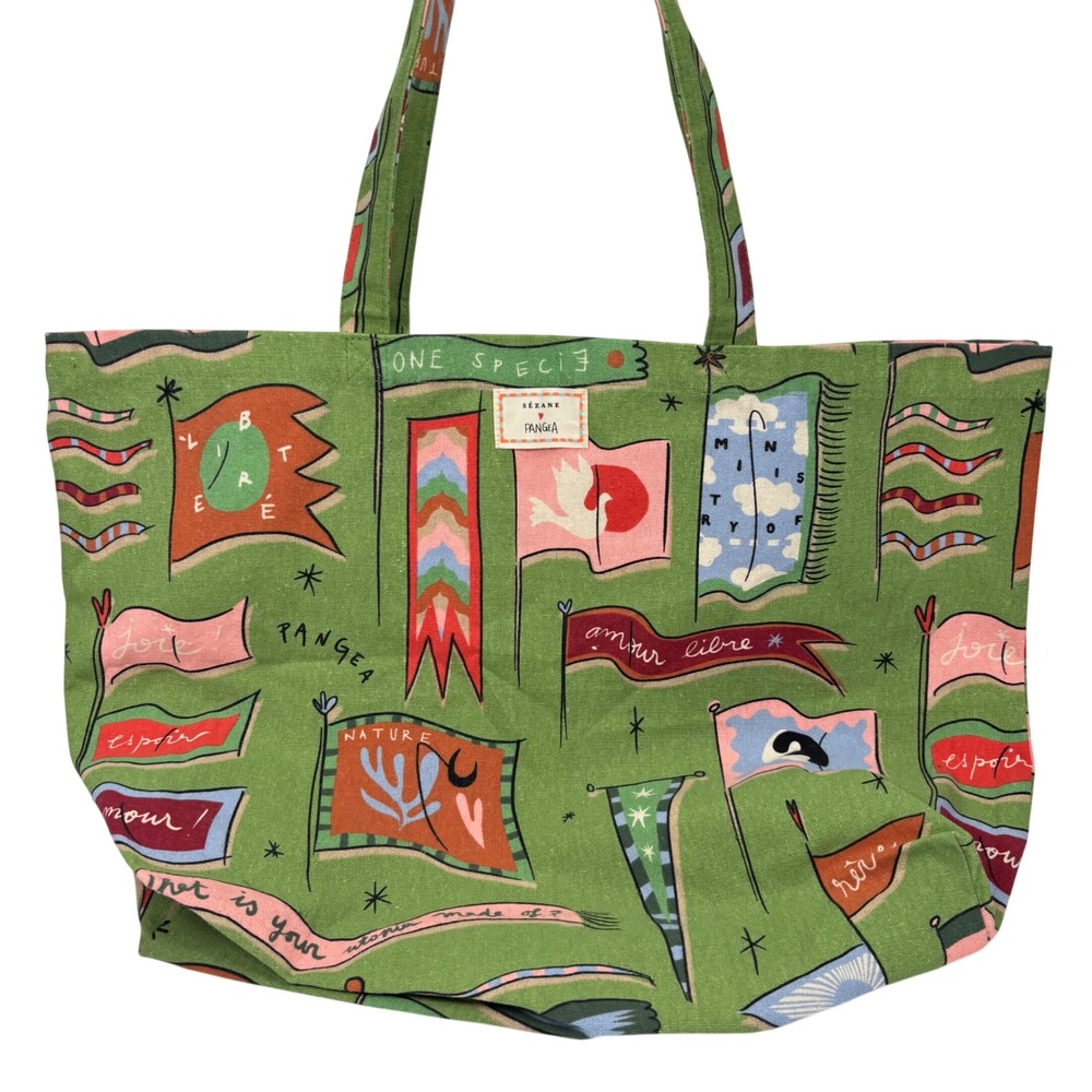 NEW Sezane x Pangea Womens Tote Bag Collab Green Flag Recycled Cotton Canvas